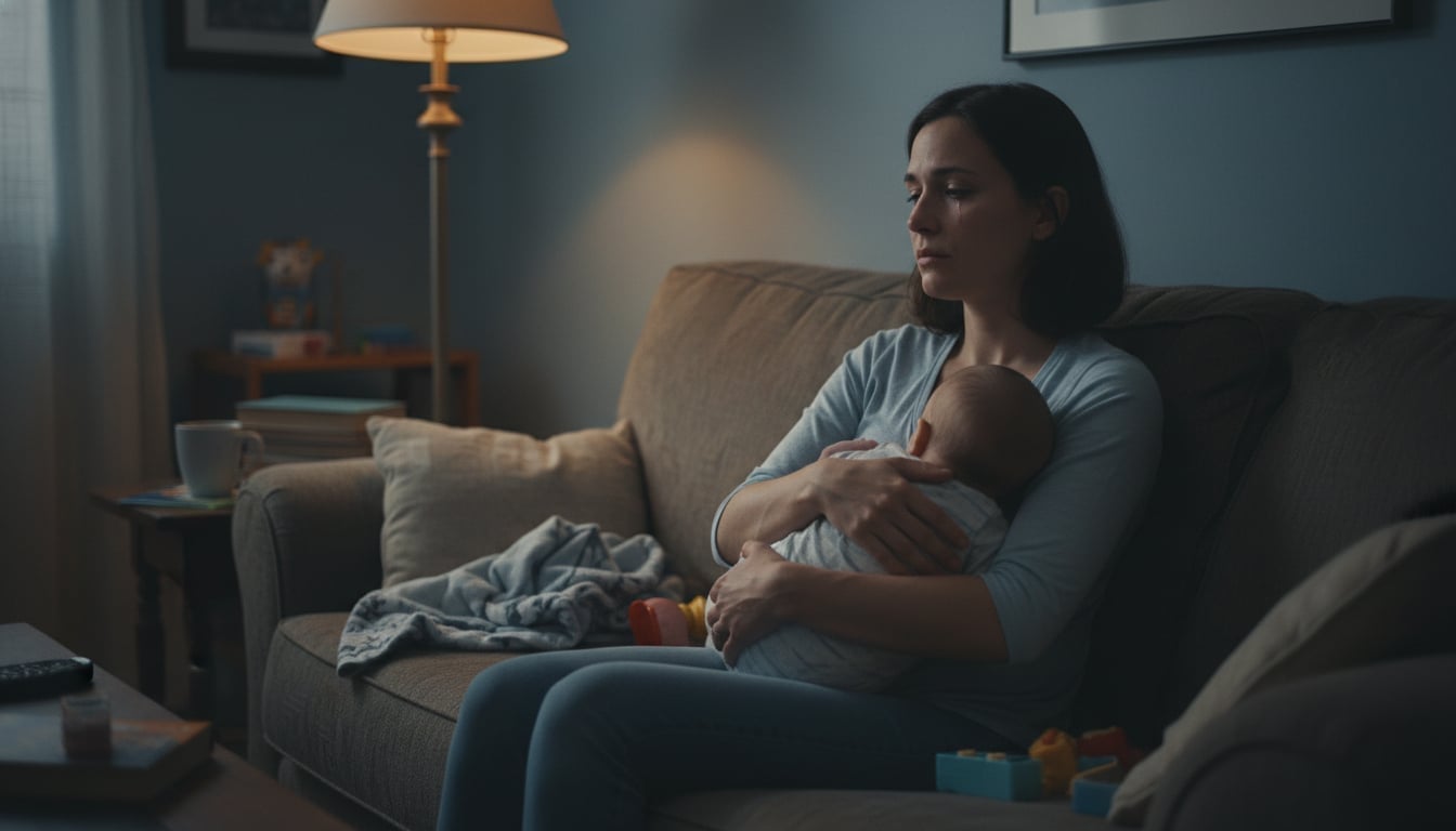 Mãe solo com filho no colo