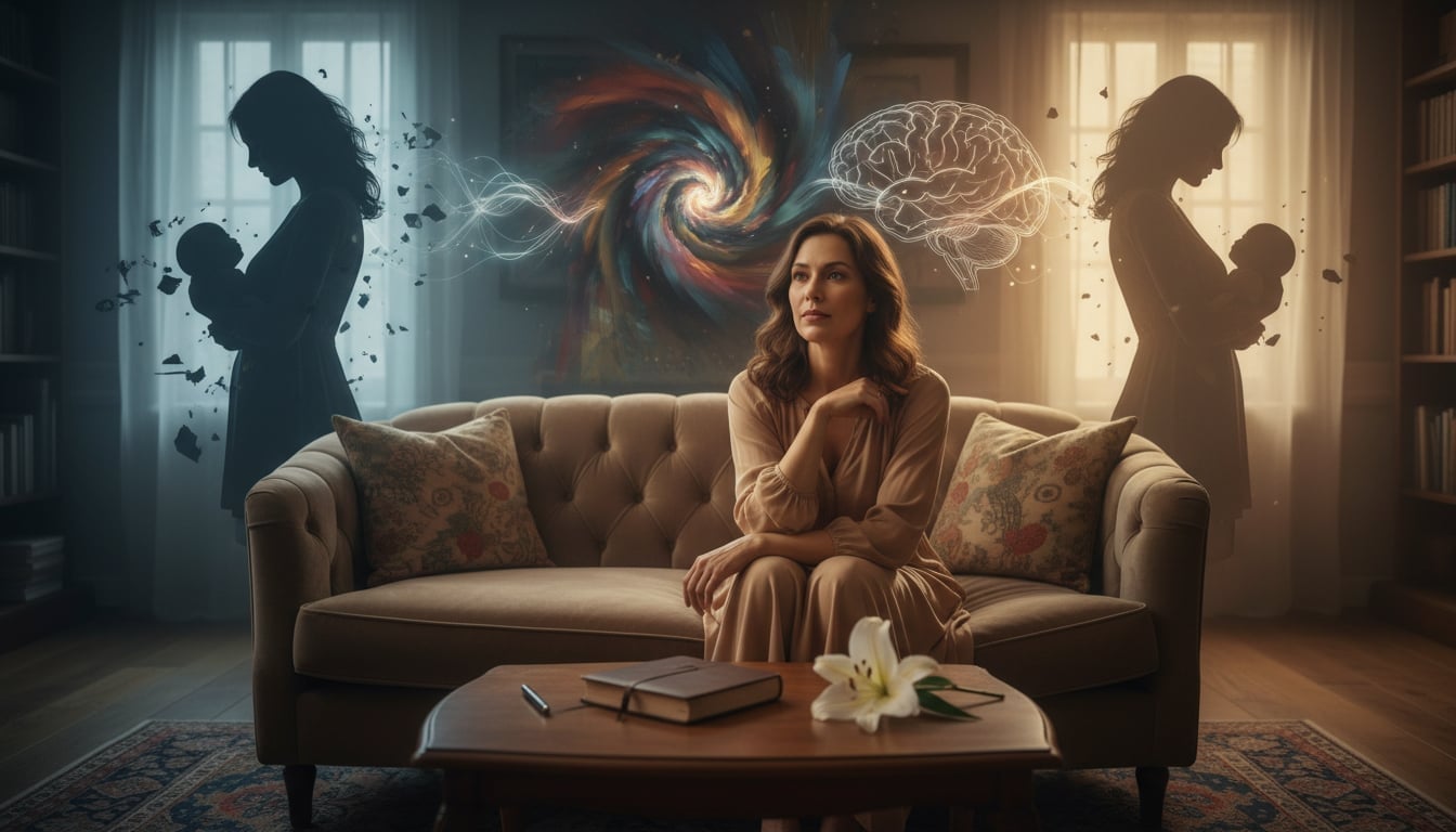 Mulher no puerpério com expressão de angústia