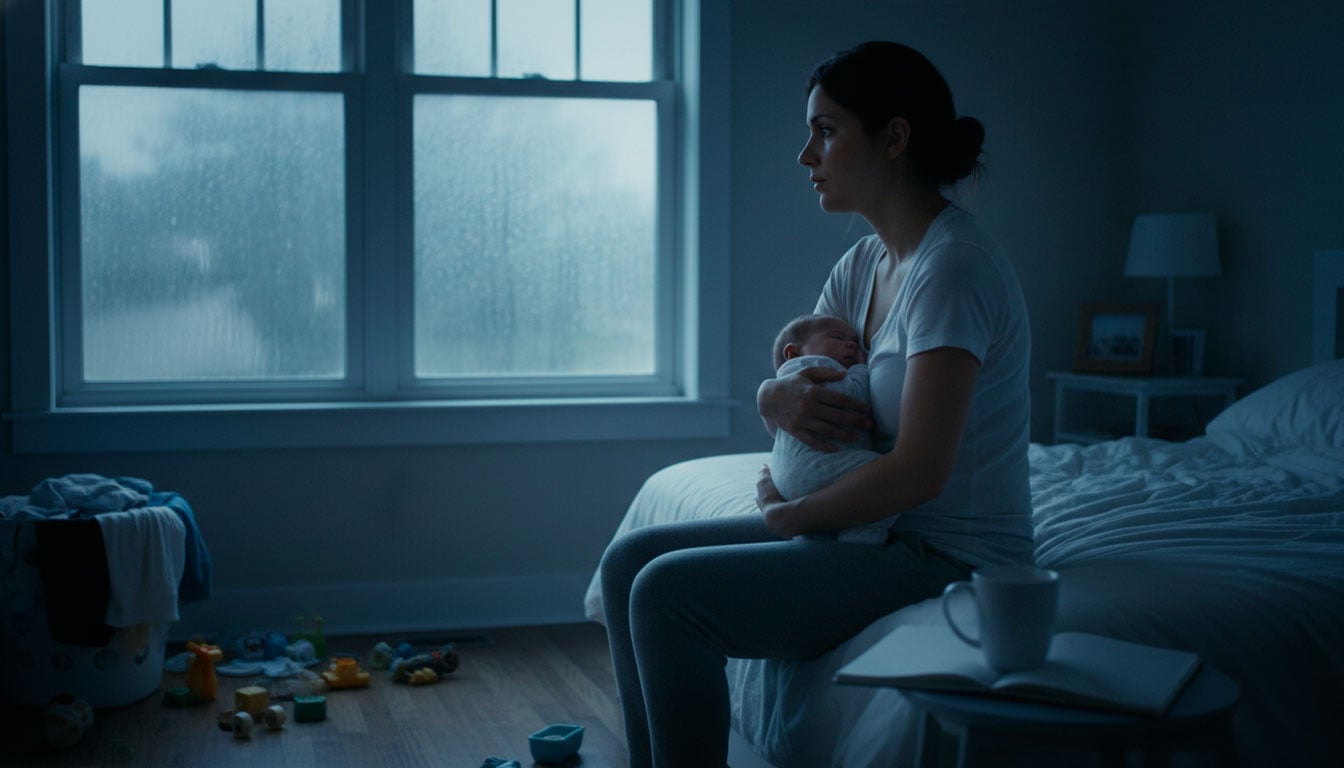 Mulher em momento de solidão materna refletindo sobre a maternidade